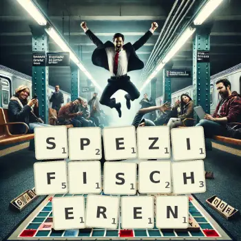 Kreative Illustration für ein Scrabble-Spiel, bei dem das Wort SPEZIFISCHEREN mit Steinen auf dem Brett gelegt wurde.