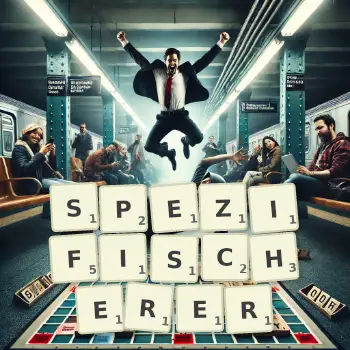 Kreative Illustration für ein Scrabble-Spiel, bei dem das Wort SPEZIFISCHERER mit Steinen auf dem Brett gelegt wurde.