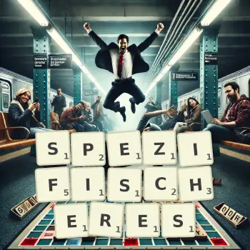 Kreative Illustration für ein Scrabble-Spiel, bei dem das Wort SPEZIFISCHERES mit Steinen auf dem Brett gelegt wurde.