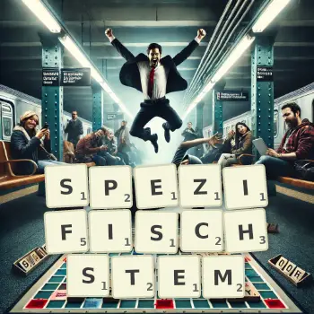 Kreative Illustration für ein Scrabble-Spiel, bei dem das Wort SPEZIFISCHSTEM mit Steinen auf dem Brett gelegt wurde.