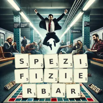 Kreative Illustration für ein Scrabble-Spiel, bei dem das Wort SPEZIFIZIERBAR mit Steinen auf dem Brett gelegt wurde.