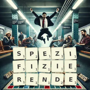 Kreative Illustration für ein Scrabble-Spiel, bei dem das Wort SPEZIFIZIERENDE mit Steinen auf dem Brett gelegt wurde.