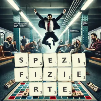 Kreative Illustration für ein Scrabble-Spiel, bei dem das Wort SPEZIFIZIERTE mit Steinen auf dem Brett gelegt wurde.