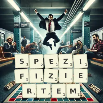 Kreative Illustration für ein Scrabble-Spiel, bei dem das Wort SPEZIFIZIERTEM mit Steinen auf dem Brett gelegt wurde.