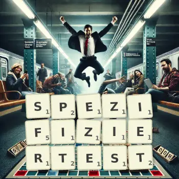 Kreative Illustration für ein Scrabble-Spiel, bei dem das Wort SPEZIFIZIERTEST mit Steinen auf dem Brett gelegt wurde.
