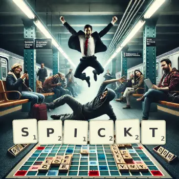 Kreative Illustration für ein Scrabble-Spiel, bei dem das Wort SPICKT mit Steinen auf dem Brett gelegt wurde.