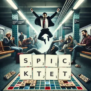 Kreative Illustration für ein Scrabble-Spiel, bei dem das Wort SPICKTET mit Steinen auf dem Brett gelegt wurde.