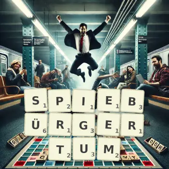 Kreative Illustration für ein Scrabble-Spiel, bei dem das Wort SPIEBÜRGERTUM mit Steinen auf dem Brett gelegt wurde.