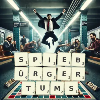 Kreative Illustration für ein Scrabble-Spiel, bei dem das Wort SPIEBÜRGERTUMS mit Steinen auf dem Brett gelegt wurde.