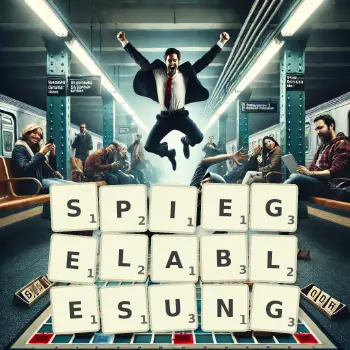 Kreative Illustration für ein Scrabble-Spiel, bei dem das Wort SPIEGELABLESUNG mit Steinen auf dem Brett gelegt wurde.
