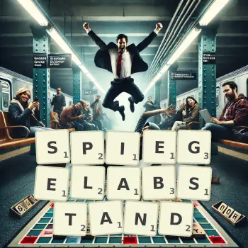 Kreative Illustration für ein Scrabble-Spiel, bei dem das Wort SPIEGELABSTAND mit Steinen auf dem Brett gelegt wurde.