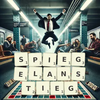 Kreative Illustration für ein Scrabble-Spiel, bei dem das Wort SPIEGELANSTIEG mit Steinen auf dem Brett gelegt wurde.