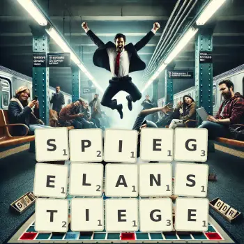 Kreative Illustration für ein Scrabble-Spiel, bei dem das Wort SPIEGELANSTIEGE mit Steinen auf dem Brett gelegt wurde.