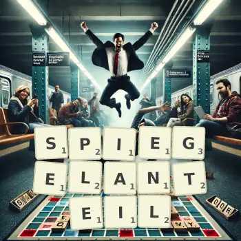 Kreative Illustration für ein Scrabble-Spiel, bei dem das Wort SPIEGELANTEIL mit Steinen auf dem Brett gelegt wurde.