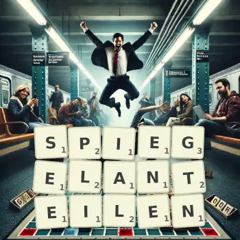 Kreative Illustration für ein Scrabble-Spiel, bei dem das Wort SPIEGELANTEILEN mit Steinen auf dem Brett gelegt wurde.
