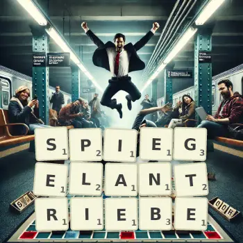 Kreative Illustration für ein Scrabble-Spiel, bei dem das Wort SPIEGELANTRIEBE mit Steinen auf dem Brett gelegt wurde.