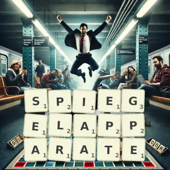 Kreative Illustration für ein Scrabble-Spiel, bei dem das Wort SPIEGELAPPARATE mit Steinen auf dem Brett gelegt wurde.