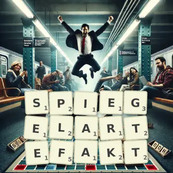 Kreative Illustration für ein Scrabble-Spiel, bei dem das Wort SPIEGELARTEFAKT mit Steinen auf dem Brett gelegt wurde.