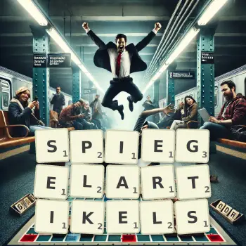 Kreative Illustration für ein Scrabble-Spiel, bei dem das Wort SPIEGELARTIKELS mit Steinen auf dem Brett gelegt wurde.