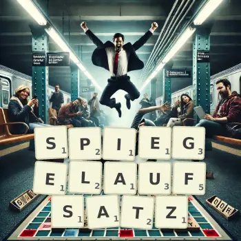 Kreative Illustration für ein Scrabble-Spiel, bei dem das Wort SPIEGELAUFSATZ mit Steinen auf dem Brett gelegt wurde.