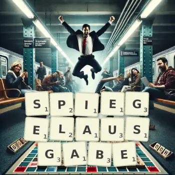 Kreative Illustration für ein Scrabble-Spiel, bei dem das Wort SPIEGELAUSGABE mit Steinen auf dem Brett gelegt wurde.