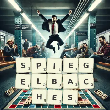 Kreative Illustration für ein Scrabble-Spiel, bei dem das Wort SPIEGELBACHES mit Steinen auf dem Brett gelegt wurde.