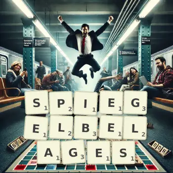 Kreative Illustration für ein Scrabble-Spiel, bei dem das Wort SPIEGELBELAGES mit Steinen auf dem Brett gelegt wurde.