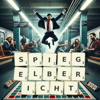 Kreative Illustration für ein Scrabble-Spiel, bei dem das Wort SPIEGELBERICHT mit Steinen auf dem Brett gelegt wurde.