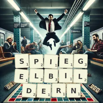 Kreative Illustration für ein Scrabble-Spiel, bei dem das Wort SPIEGELBILDERN mit Steinen auf dem Brett gelegt wurde.