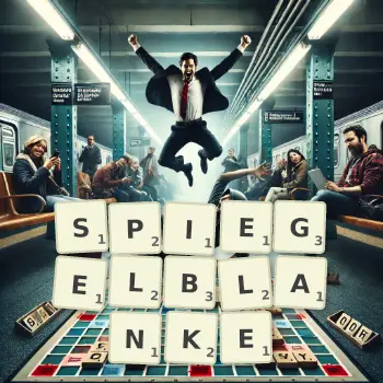 Kreative Illustration für ein Scrabble-Spiel, bei dem das Wort SPIEGELBLANKE mit Steinen auf dem Brett gelegt wurde.