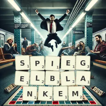 Kreative Illustration für ein Scrabble-Spiel, bei dem das Wort SPIEGELBLANKEM mit Steinen auf dem Brett gelegt wurde.