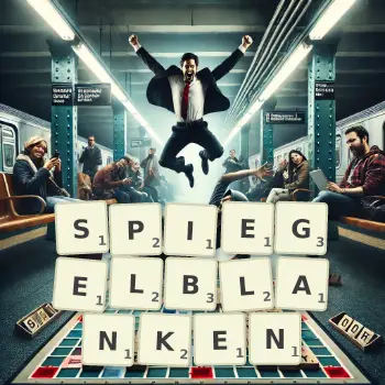 Kreative Illustration für ein Scrabble-Spiel, bei dem das Wort SPIEGELBLANKEN mit Steinen auf dem Brett gelegt wurde.