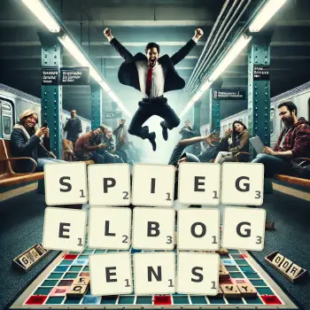 Kreative Illustration für ein Scrabble-Spiel, bei dem das Wort SPIEGELBOGENS mit Steinen auf dem Brett gelegt wurde.