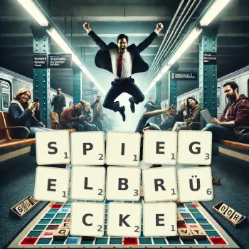 Kreative Illustration für ein Scrabble-Spiel, bei dem das Wort SPIEGELBRÜCKE mit Steinen auf dem Brett gelegt wurde.
