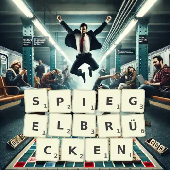 Kreative Illustration für ein Scrabble-Spiel, bei dem das Wort SPIEGELBRÜCKEN mit Steinen auf dem Brett gelegt wurde.