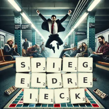 Kreative Illustration für ein Scrabble-Spiel, bei dem das Wort SPIEGELDREIECK mit Steinen auf dem Brett gelegt wurde.