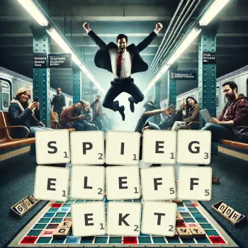 Kreative Illustration für ein Scrabble-Spiel, bei dem das Wort SPIEGELEFFEKT mit Steinen auf dem Brett gelegt wurde.