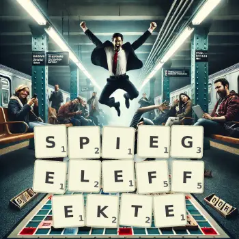 Kreative Illustration für ein Scrabble-Spiel, bei dem das Wort SPIEGELEFFEKTE mit Steinen auf dem Brett gelegt wurde.