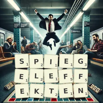 Kreative Illustration für ein Scrabble-Spiel, bei dem das Wort SPIEGELEFFEKTEN mit Steinen auf dem Brett gelegt wurde.