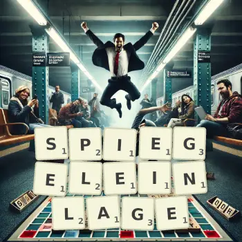 Kreative Illustration für ein Scrabble-Spiel, bei dem das Wort SPIEGELEINLAGE mit Steinen auf dem Brett gelegt wurde.