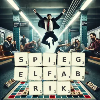 Kreative Illustration für ein Scrabble-Spiel, bei dem das Wort SPIEGELFABRIK mit Steinen auf dem Brett gelegt wurde.