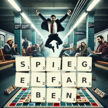 Kreative Illustration für ein Scrabble-Spiel, bei dem das Wort SPIEGELFARBEN mit Steinen auf dem Brett gelegt wurde.
