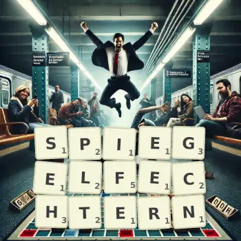 Kreative Illustration für ein Scrabble-Spiel, bei dem das Wort SPIEGELFECHTERN mit Steinen auf dem Brett gelegt wurde.