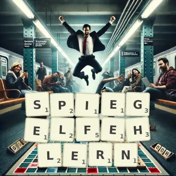 Kreative Illustration für ein Scrabble-Spiel, bei dem das Wort SPIEGELFEHLERN mit Steinen auf dem Brett gelegt wurde.