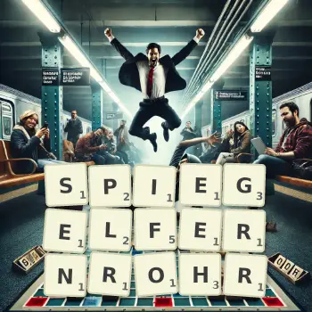 Kreative Illustration für ein Scrabble-Spiel, bei dem das Wort SPIEGELFERNROHR mit Steinen auf dem Brett gelegt wurde.
