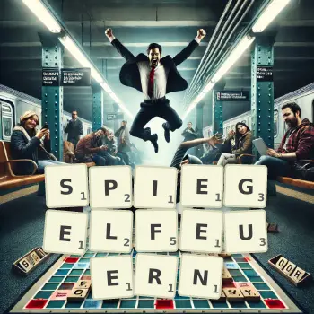 Kreative Illustration für ein Scrabble-Spiel, bei dem das Wort SPIEGELFEUERN mit Steinen auf dem Brett gelegt wurde.