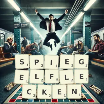 Kreative Illustration für ein Scrabble-Spiel, bei dem das Wort SPIEGELFLECKEN mit Steinen auf dem Brett gelegt wurde.