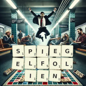 Kreative Illustration für ein Scrabble-Spiel, bei dem das Wort SPIEGELFOLIEN mit Steinen auf dem Brett gelegt wurde.