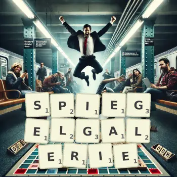 Kreative Illustration für ein Scrabble-Spiel, bei dem das Wort SPIEGELGALERIE mit Steinen auf dem Brett gelegt wurde.