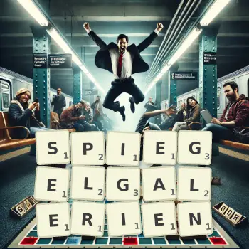 Kreative Illustration für ein Scrabble-Spiel, bei dem das Wort SPIEGELGALERIEN mit Steinen auf dem Brett gelegt wurde.